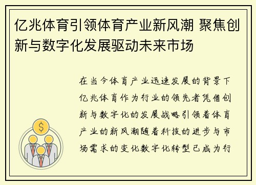 亿兆体育引领体育产业新风潮 聚焦创新与数字化发展驱动未来市场